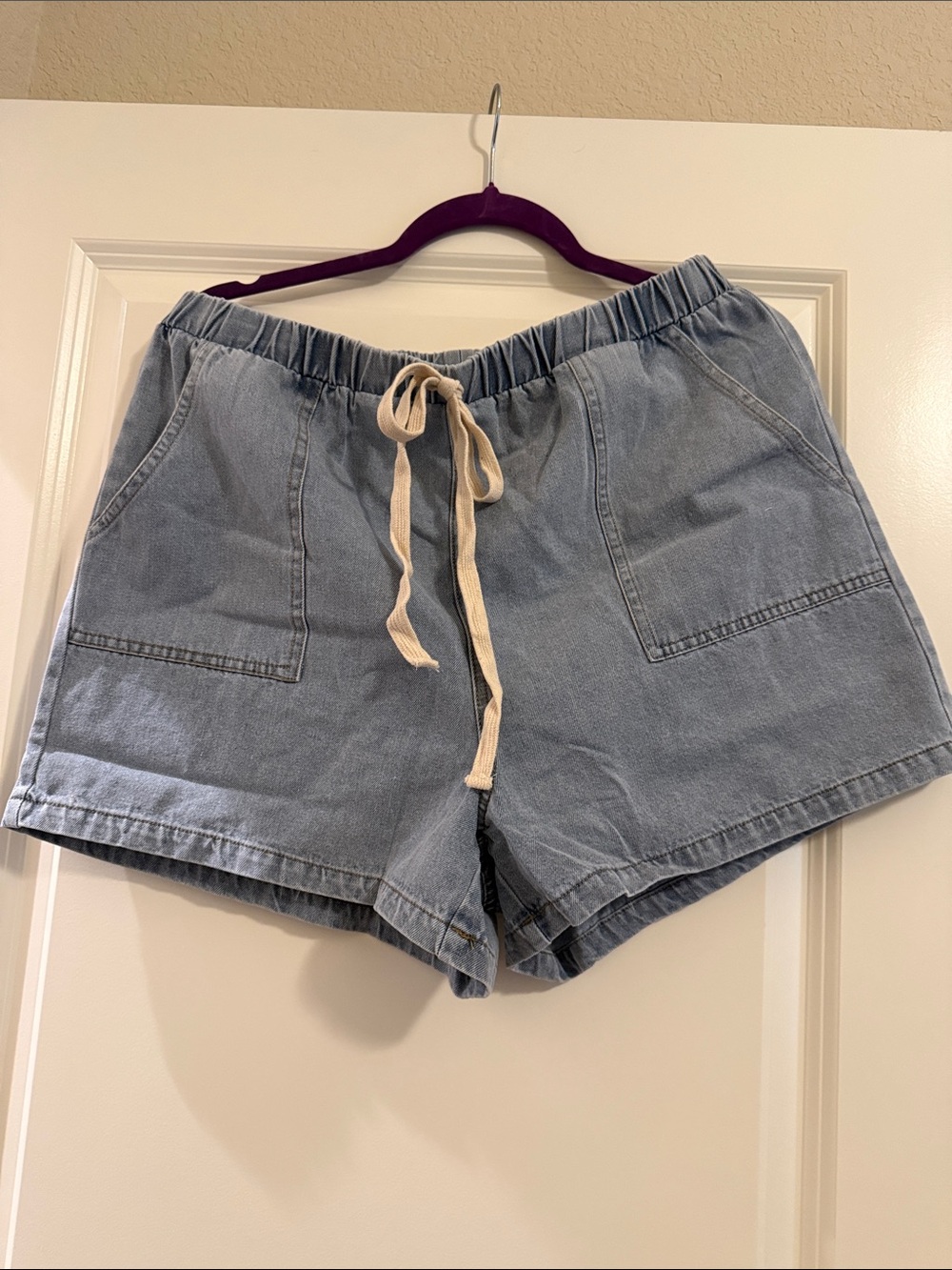 She + Sky Light Blue Denim Drawstring Casual Shorts- 3” inseam